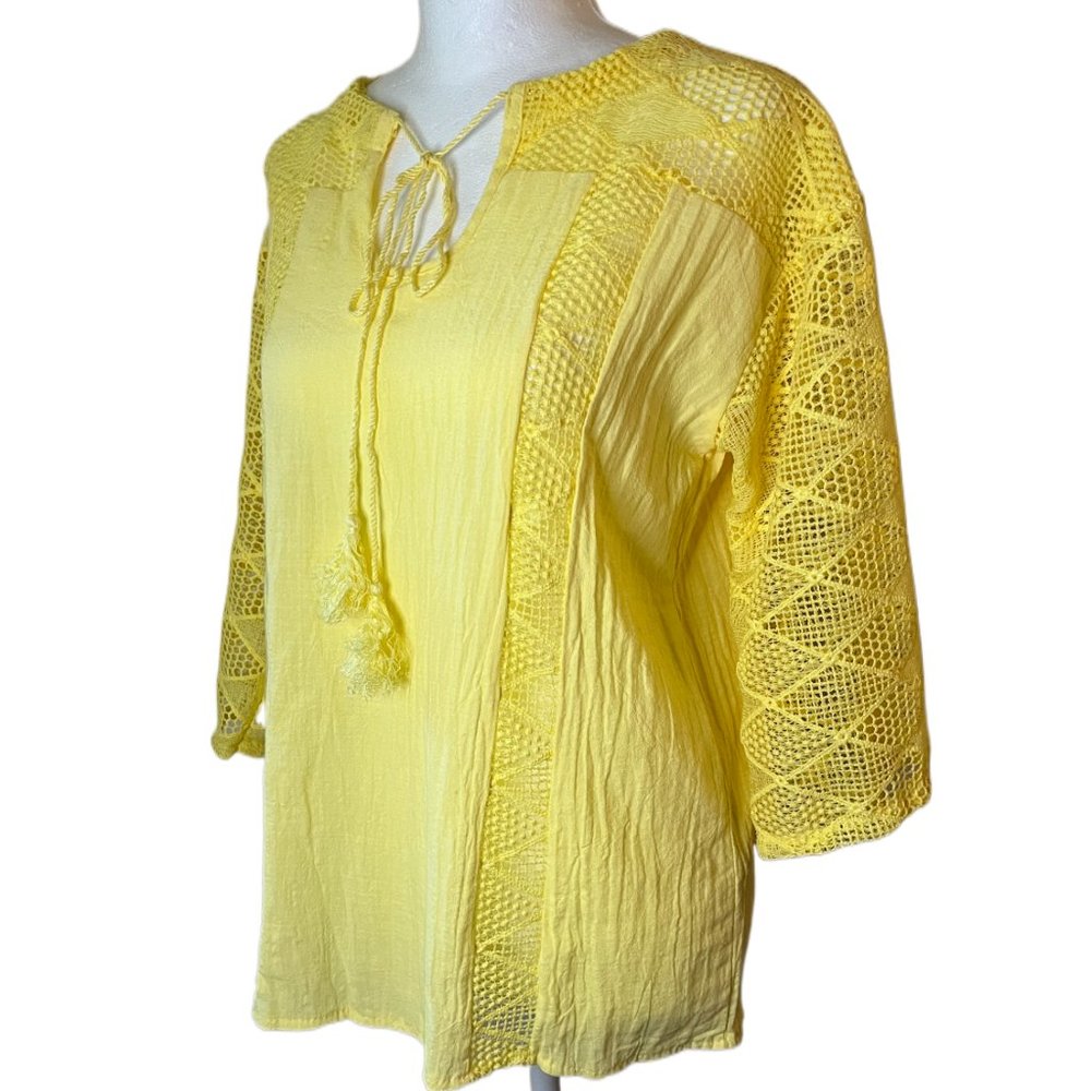 Yellow Lightweight 3/4 Sleeve Shirt with Lace Details & Tassels  Size Medium - Picture 2 of 10